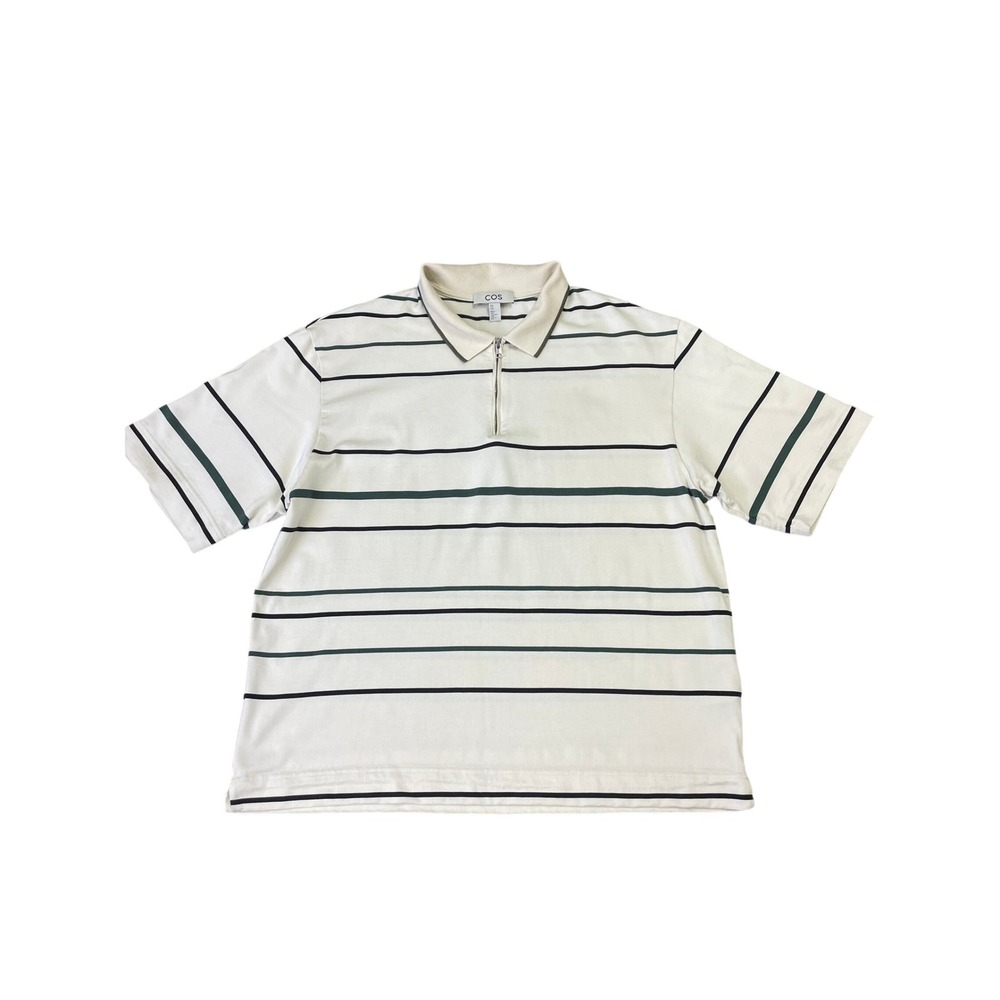COS Mens Striped Quarter Zip Polo Shirt Cream Green Black Viscose Cotton Medium